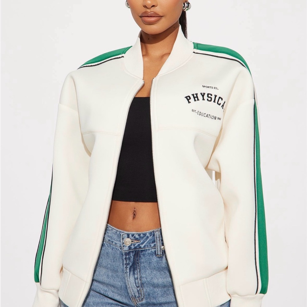 Fashion Nova Cream and Green Varsity Jacket